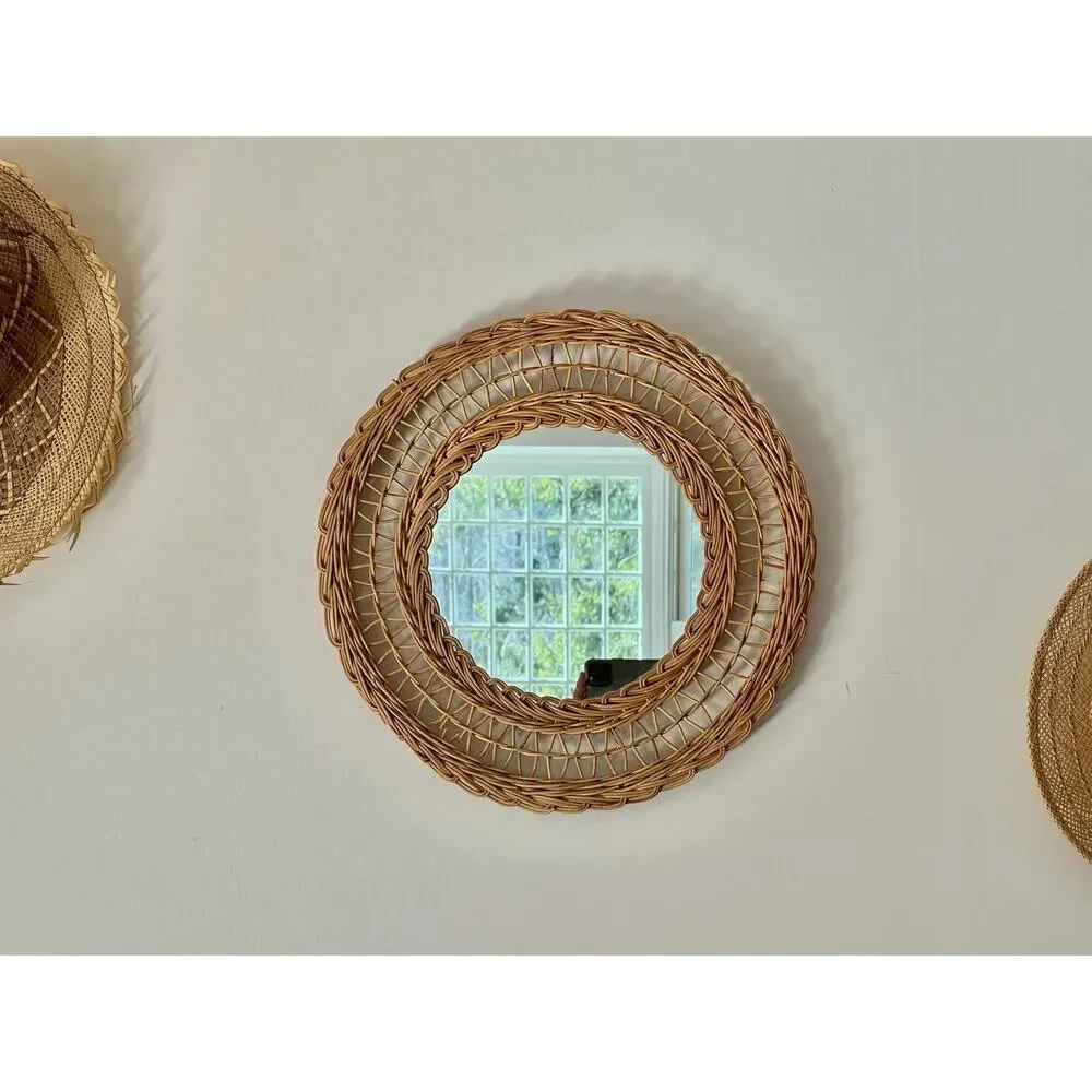 Vintage French Rattan Bamboo Pineapple Mirror 60s Natural Handmade Chic Boho